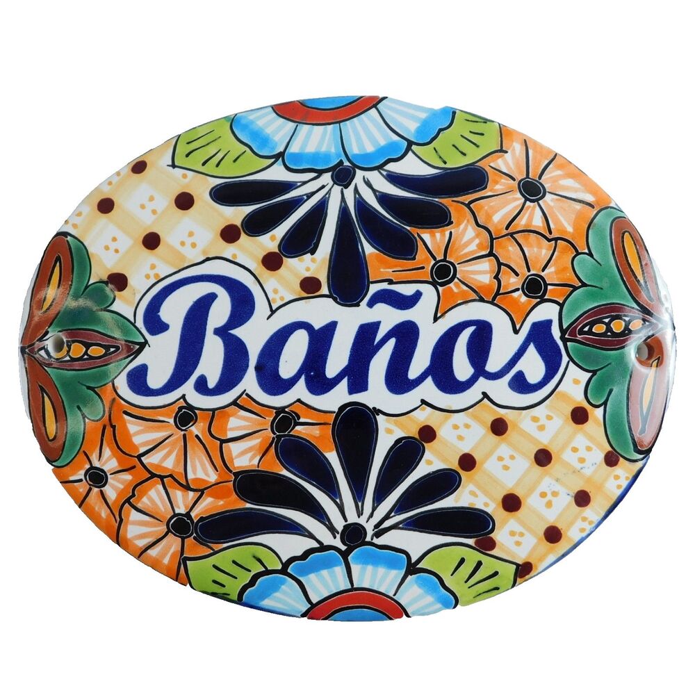 Mexican Painted Banos Sign Pottery Bathroom Restroom 9.5x7.5 Colorful Handmade